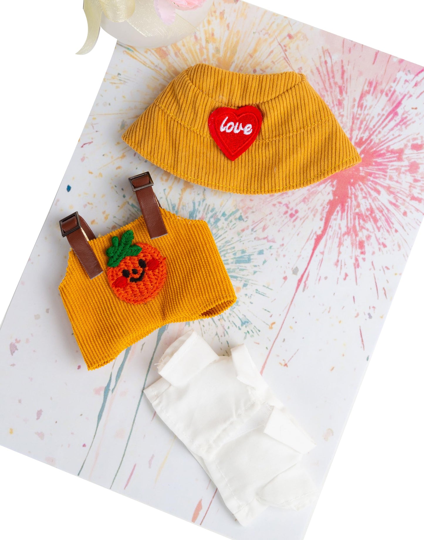 17 cm Doll Clothes  3-Piece Set Stylish Clothes for 17cm Doll  enhanced Outfit with Accessories for Doll - Red Heart Yellow Hat & Polo Shirts & Pumpkin Romper (NO Doll)