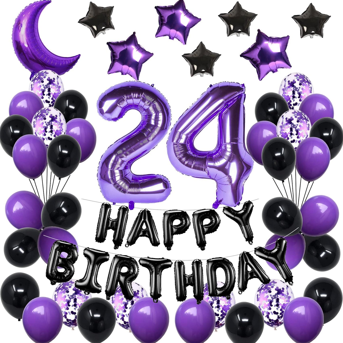 Naninuneno 24Th Birthday Decorations Set For Girl Women Boy Men,Purple Black 24 Happy Birthday Balloons Supplies With Purple Num