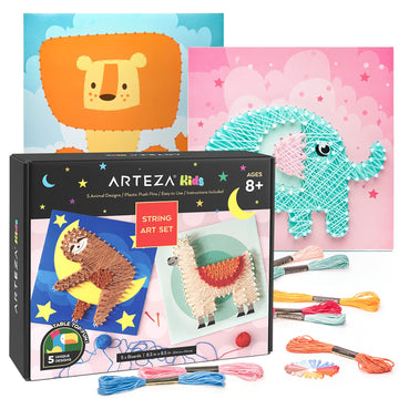 Arteza Kids String Art Kit, Set of 5 Animal Designs, Plastic Pushpins, Art Supplies for Kids Craft Projects and Free Time Activi