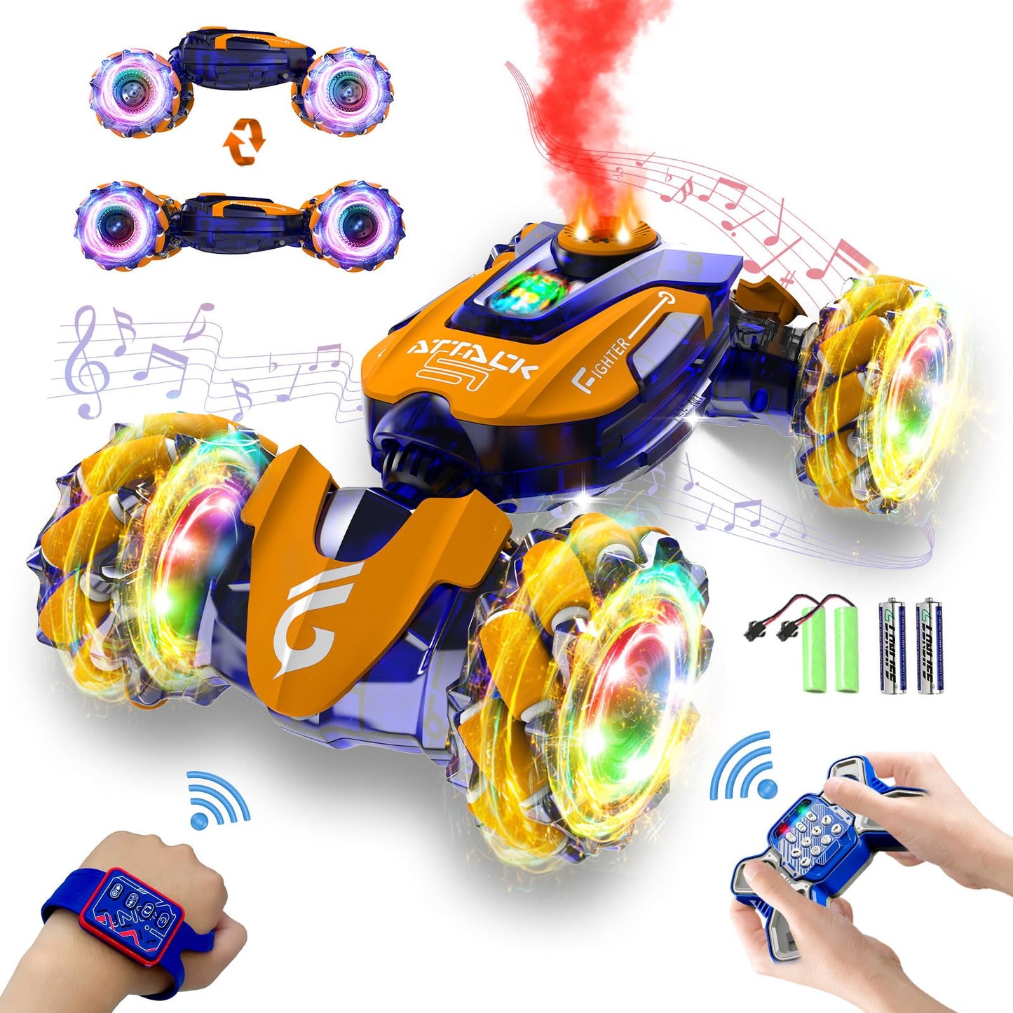 NESTALK Gesture Sensing RC Stunt Car Toys for Boys 6-12 Years Old, 2.4GHz Hand Controlled Cars with Light & Music & Spray 360 Ro
