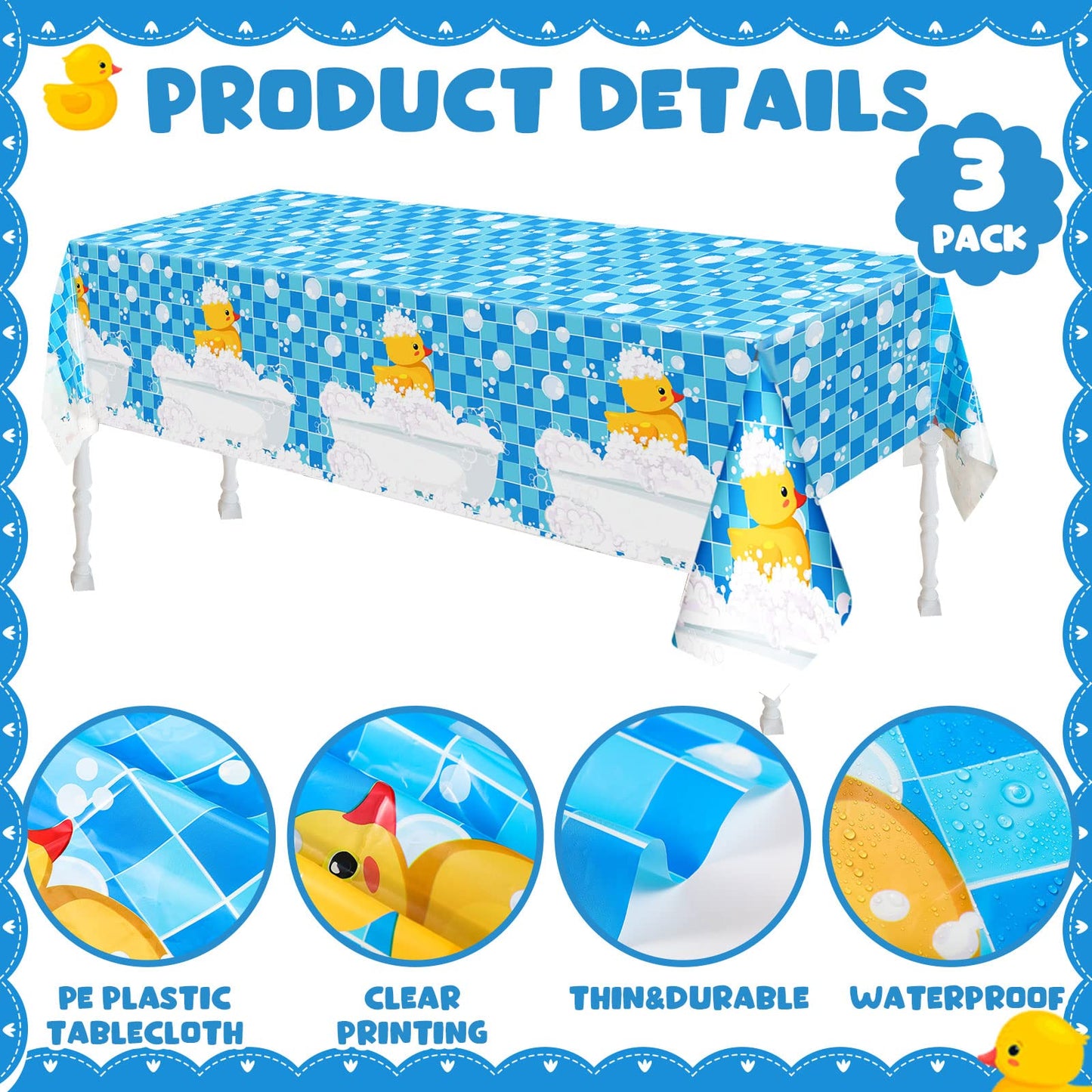 Oudain 3 Pcs Yellow Duck Tablecloth Cute Bubble Rubber Ducky Table Cover Disposable Duck Birthday Decorations Plastic Duck Table