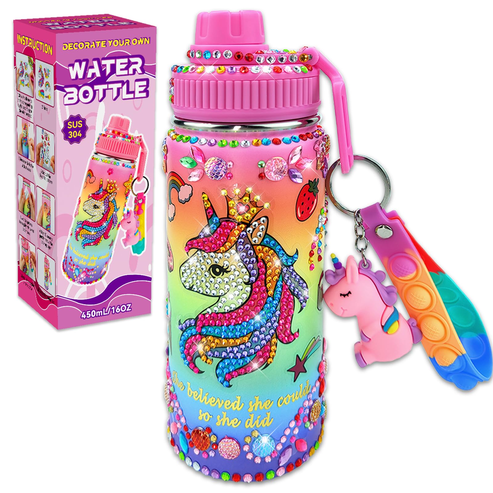 7July Decorate Your Own Water Bottle Kits For Girls Age 4-6-8-10 (Stainless Steel),Unicorn Themed Painting Crafts,Fun Arts And C