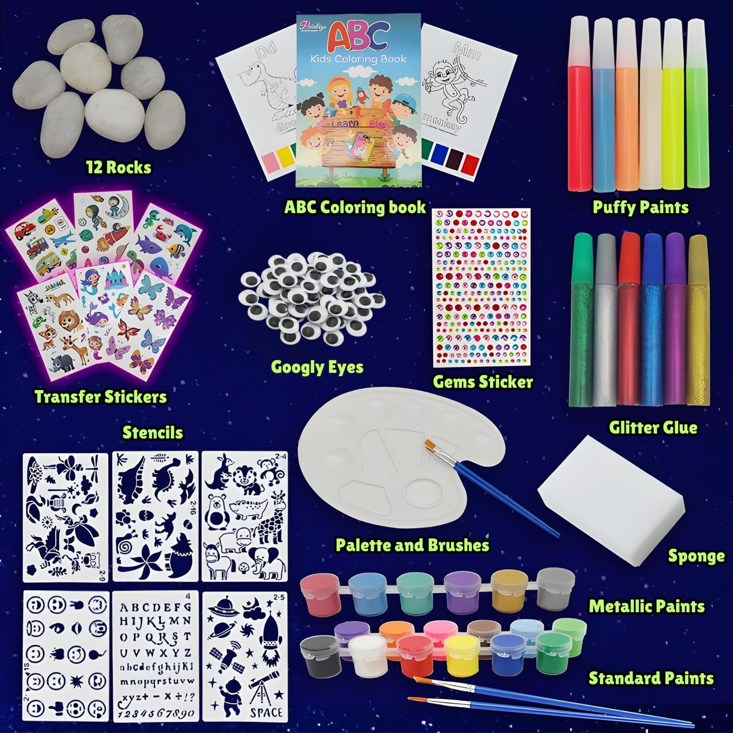 Rock Painting Kit for Kids 6-12 - Glow in The Dark Rock Painting Crafts Set, Arts and Crafts for kids ages 8-12, Stencils for Pa