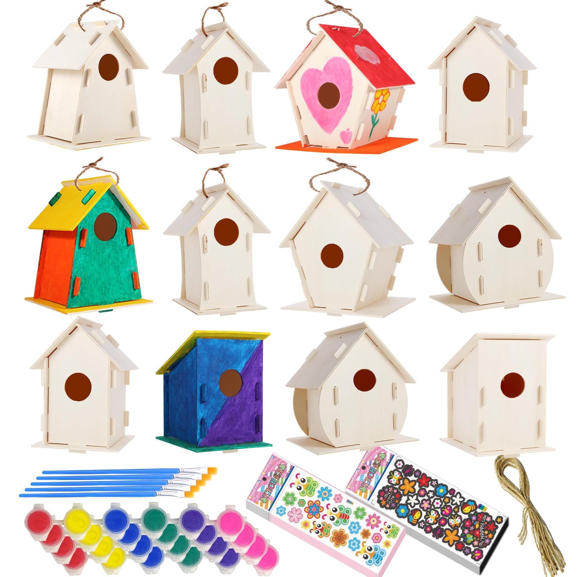 12 Pack Large DIY Bird Houses Kits for Kids, Kids Craft Kits Wood Houses for DIY Crafts Class Party, 12 Birdhouse Kits with 12 P
