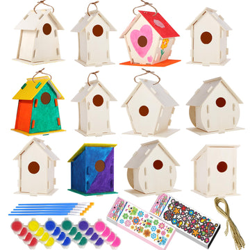 12 Pack Large DIY Bird Houses Kits for Kids, Kids Craft Kits Wood Houses for DIY Crafts Class Party, 12 Birdhouse Kits with 12 P