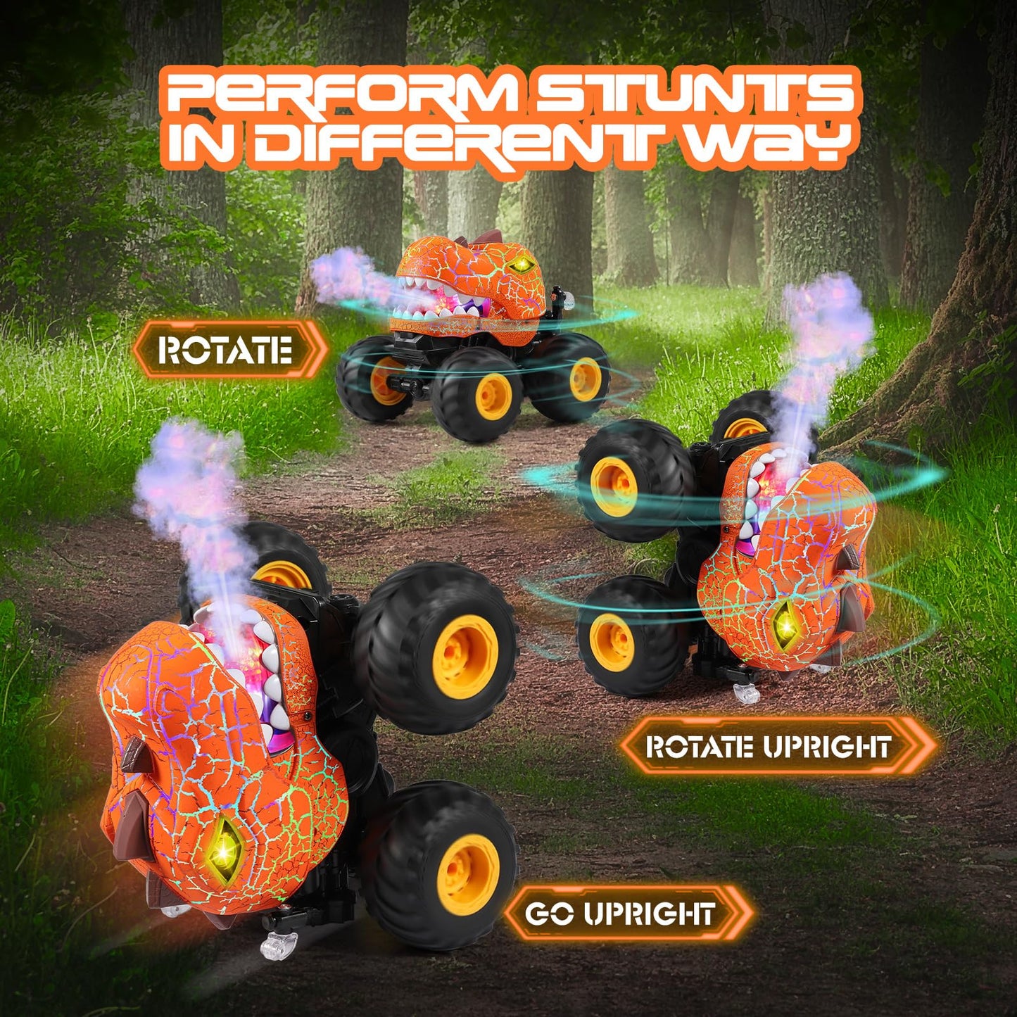 DYODYORC Remote Control Car, 2.4Ghz All Terrain Dinosaur Monster Truck Toys, RC Truck with Spay, Music, 3 Lighting Effects, Stun