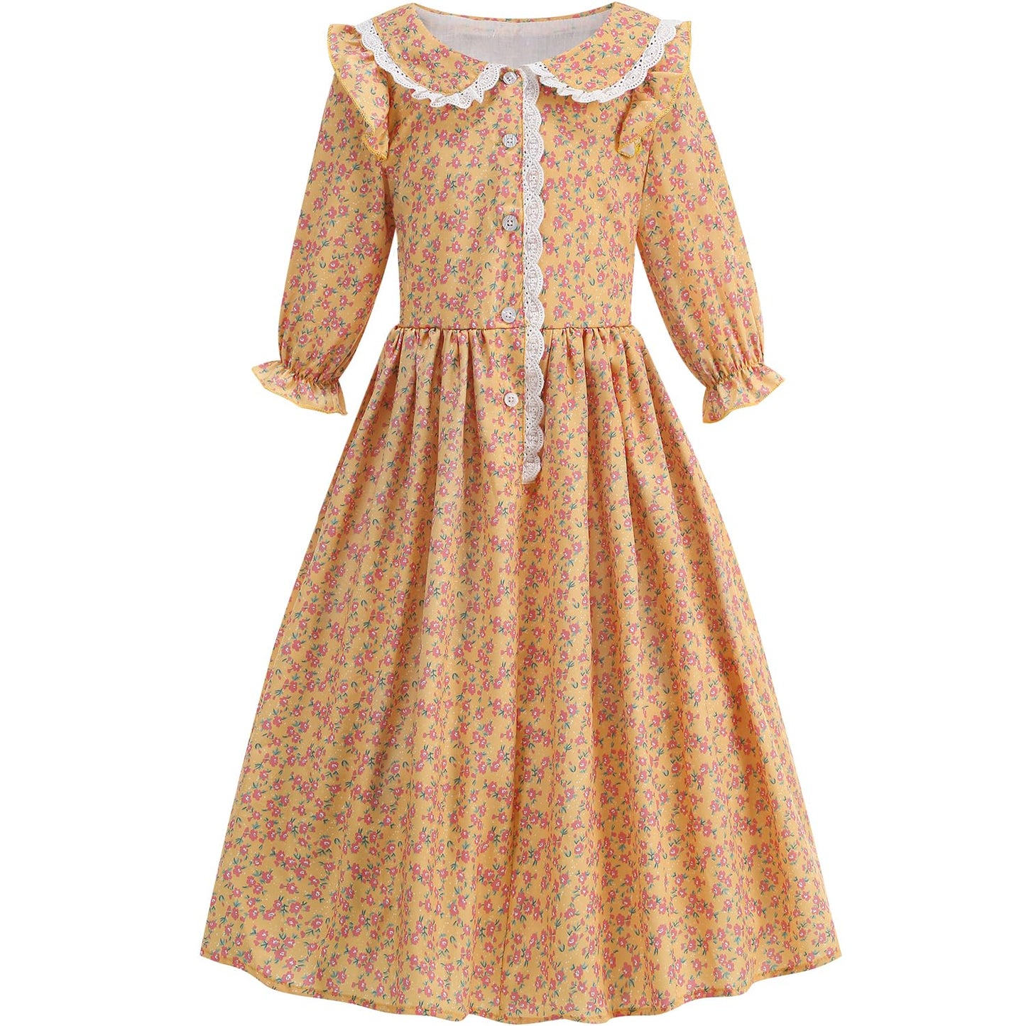 Aoiviss Girls Pioneer Costume Floral Colonial Prairie Dress for Little Kids with Apron and Bonnet, Yellow