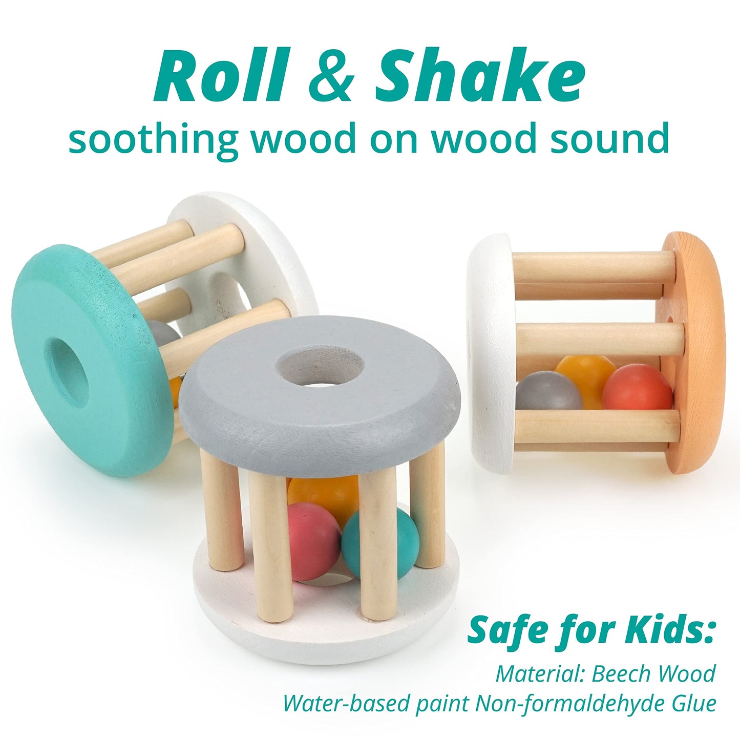 DUCKBOXX XX Montessori Infant Toys, Natural Wood Rolling Rattle Toy for Babies Ages 0m - 2yrs (White Base - 3pcs)