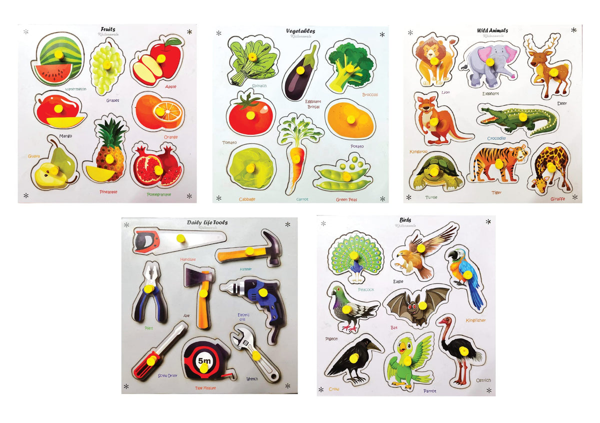 Khilonewale Wooden Educational Colorful Fruits, Vegetables, Animals, Tools, Birds Set of 5 Board Puzzle for Pre School