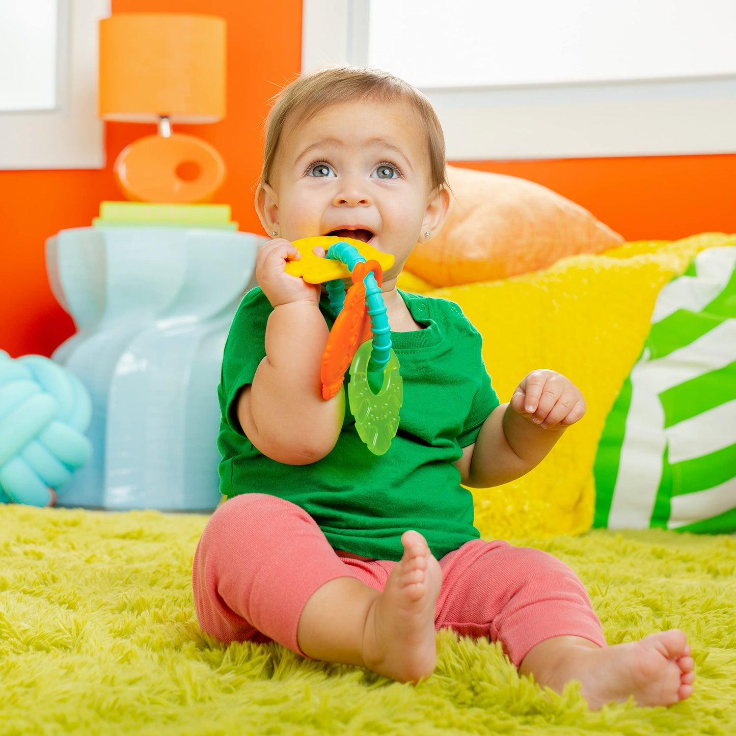 Bright Starts Silicone Teething Ring - BPA-Free Monkey, Leaf, Banana - For 3 Months+ - Model 13078