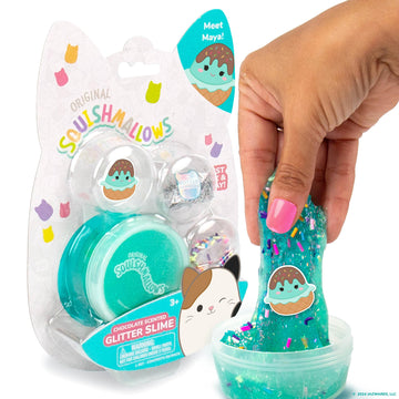 Original Squishmallows Glitter Slime, Mini Squishmallows Maya The Ice Cream Charm, Chocolate Scented Slime, 3 Fun Slime Add-Ins, Pre-Made Slime For Kids, Great 6 Year Old Toys, Sludge Toy