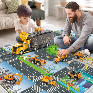 NIPLOOOW Construction Trucks Toy Set with Play Mat, Carrier Truck Play Vehicles Set for 3 4 5 6 Years Old Boys Kids, Die-Cast Ca