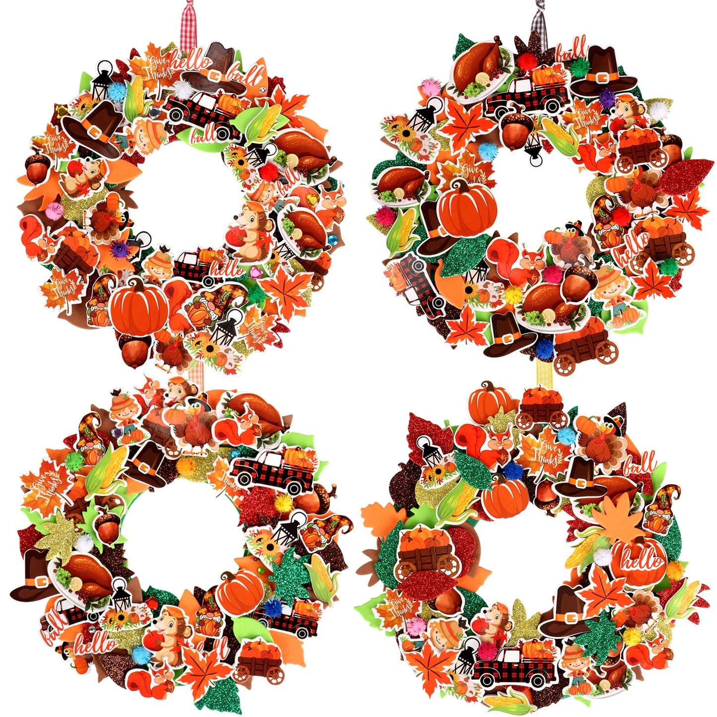 12 Sets Thanksgiving Wreath Decorations, Thanksgiving DIY Foam Wreath Signs Fall Craft Kit Turkey Maple Leaves Pumpkin Foam Stic