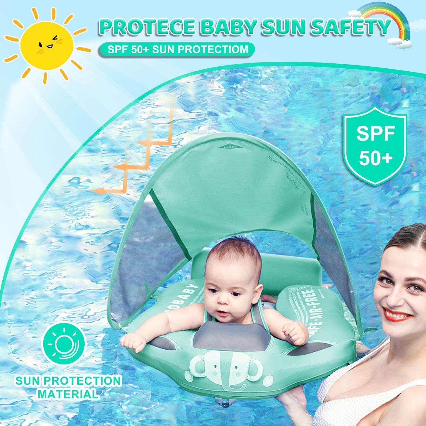 2024 Newest Mambobaby Baby Swim Float With Canopy & Tail Infant Pool Float Non-Inflatable Toddler Swim Float With Skin-Friendly