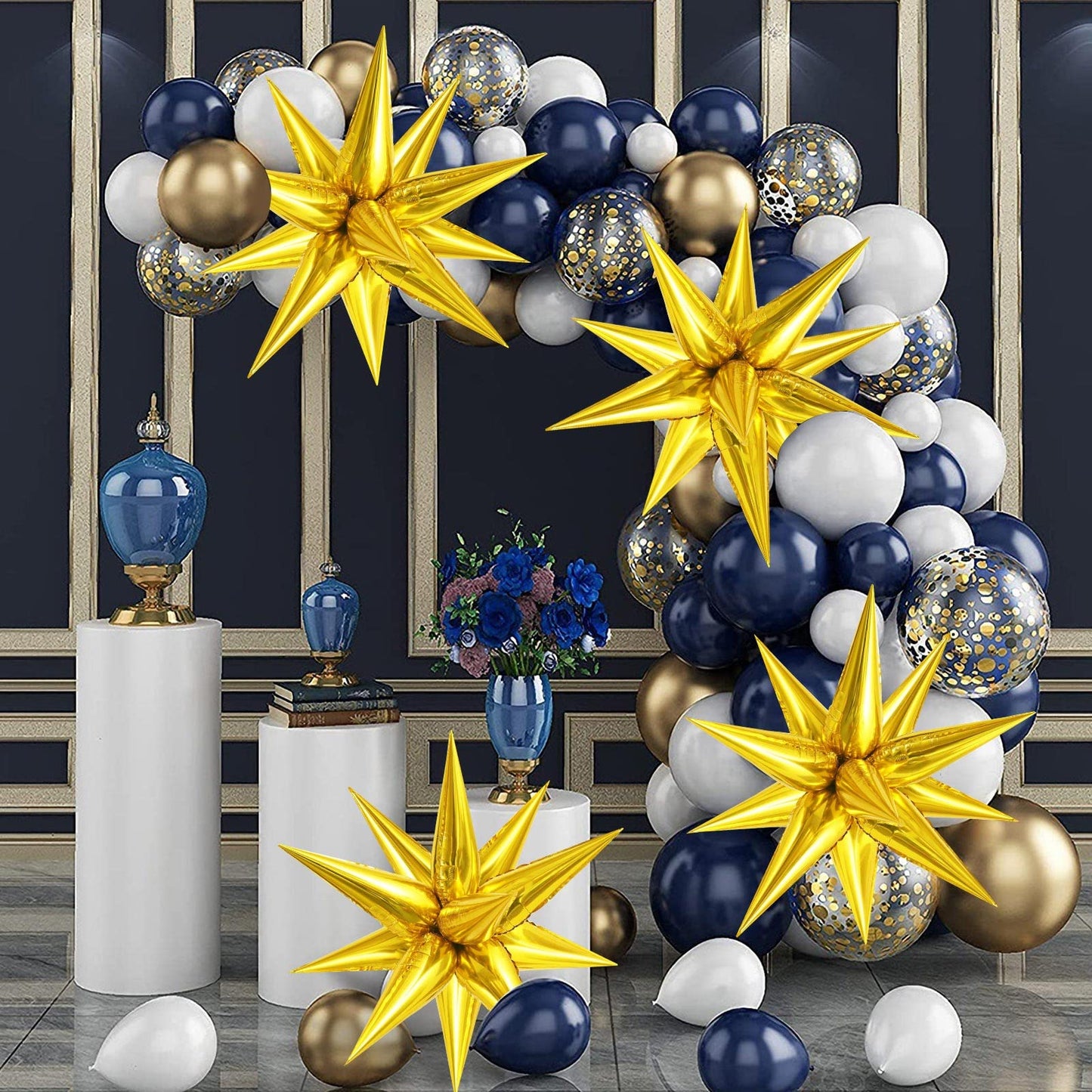 60 Pcs Gold Star Balloons Explosion 12 Point Foil Cone Balloons Magic Starburst Balloons Large For Wedding Anniversary Backdrop