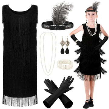 Xaatren 6 Pcs Girls 20'S Flapper Dresses Costume Set For Kids Aged 4-12 Fringed 1920'S Costume Accessories Halloween Costumes(Sm