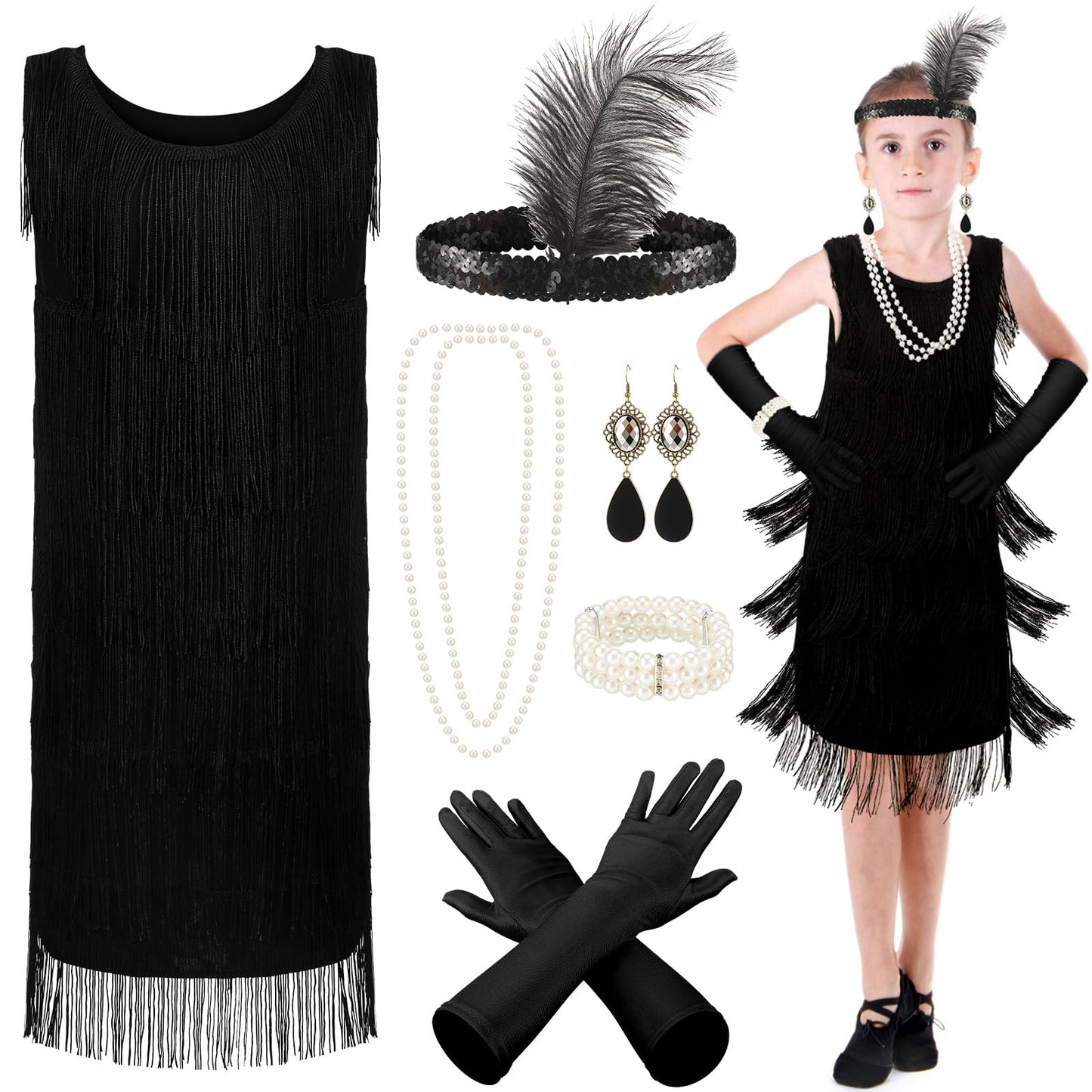 Xaatren 6 Pcs Girls 20'S Flapper Dresses Costume Set For Kids Aged 4-12 Fringed 1920'S Costume Accessories Halloween Costumes(La