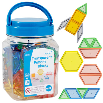 Edxeducation 22108 Transparent Pattern Blocks - Mini Jar - Plastic Pattern Blocks - Practice Sorting, Patterns, Measurement And Fractions - Sensory Play - Math Manipulative