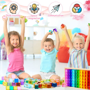Meooeck 60 Pcs Acrylic Gem Cubes Blocks Translucent Rainbow Building Cubes Crystal Educational Sensory Training Stacking Toys Wi