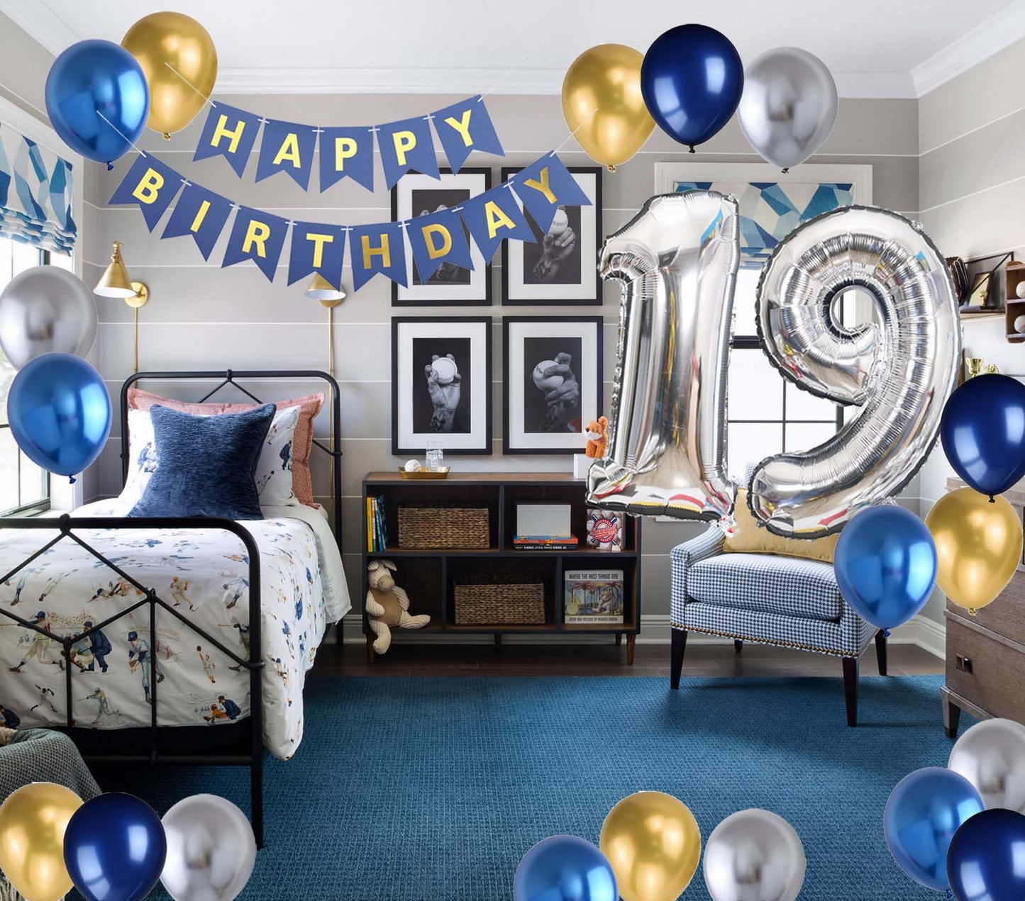 19Th Birthday Party Decoration For Boys, Birthday Banner Blue Number 19 Birthday Balloons Metallic Silver Blue Gold Latex Balloo