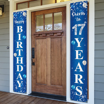 Happy 17Th Birthday Yard Sign Door Banner - Cheers To 17 Years Birthday Party Decorations Supplies For Men Women - Blue