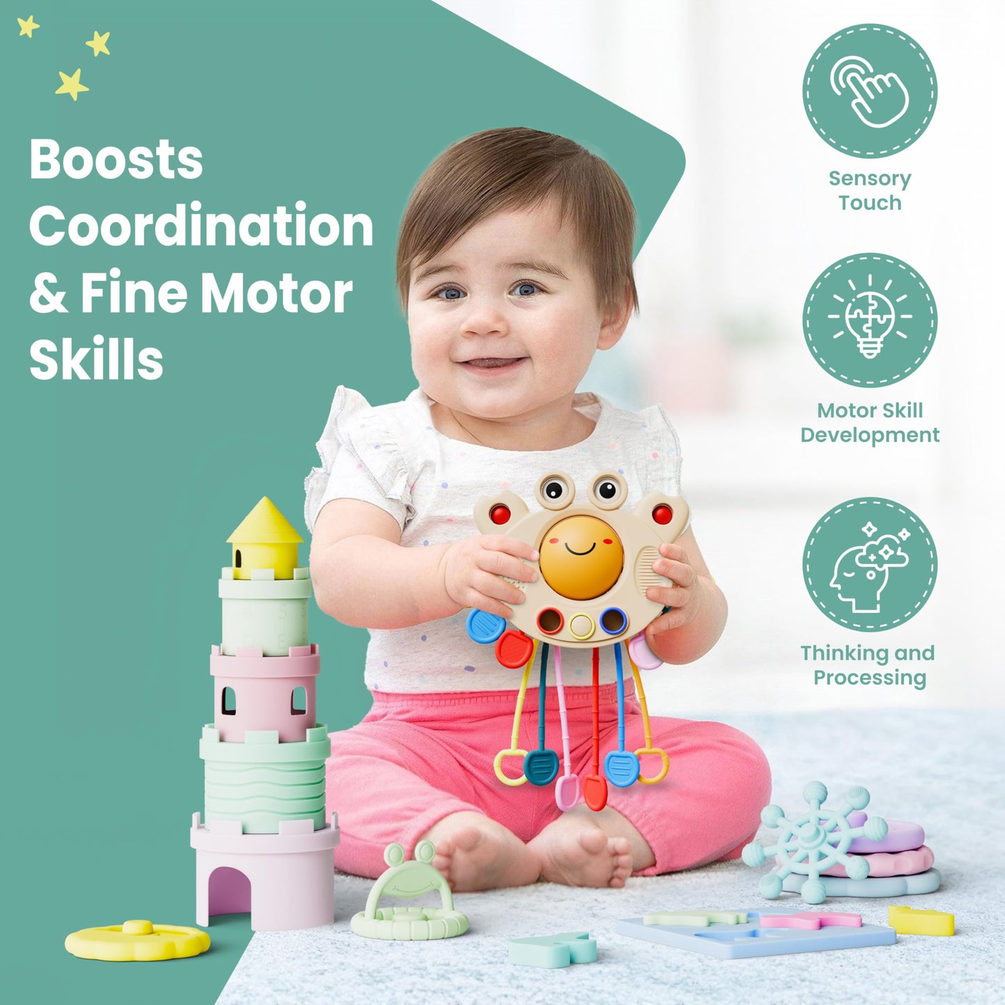 Buddy And Belle Montessori Toys For 1+ Year Old - Stacking Rings Baby Toy - Crab Pull String Toy - Baby Stacking Cups - Animal P