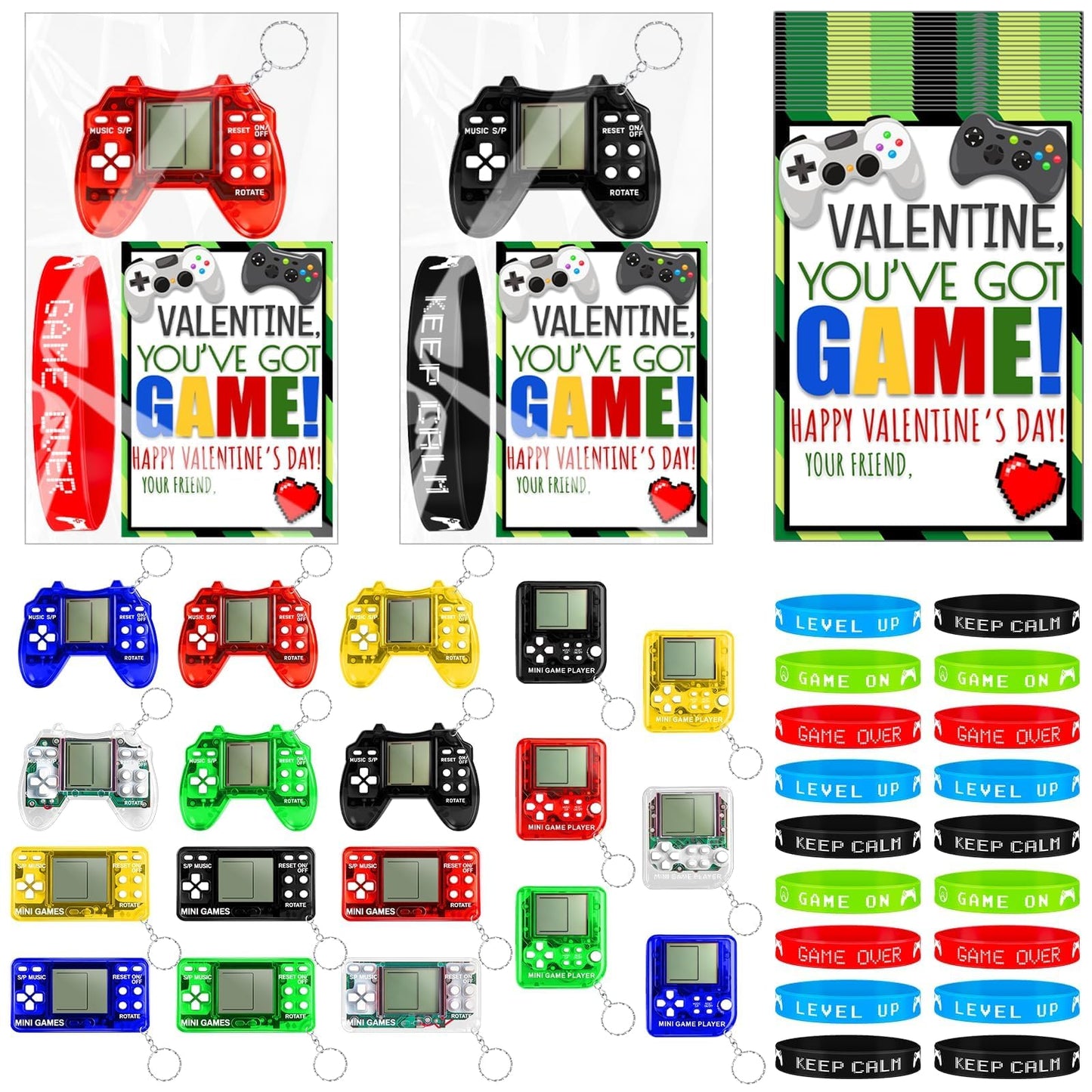 Gosodeny 18 Set Valentines Day Gifts Bulk,Video Game Party Favors Mini Video Game Valentine Cards with Keychains, Party Favor Su