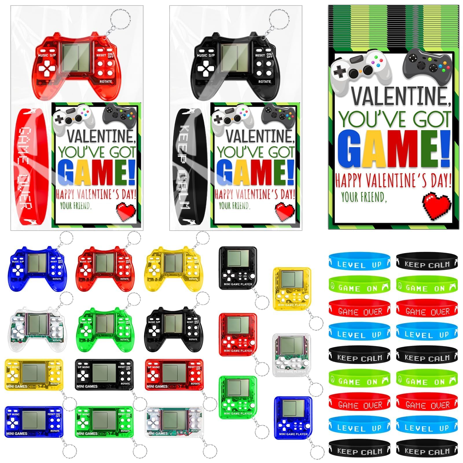 Gosodeny 18 Set Valentines Day Gifts Bulk,Video Game Party Favors Mini Video Game Valentine Cards with Keychains, Party Favor Su