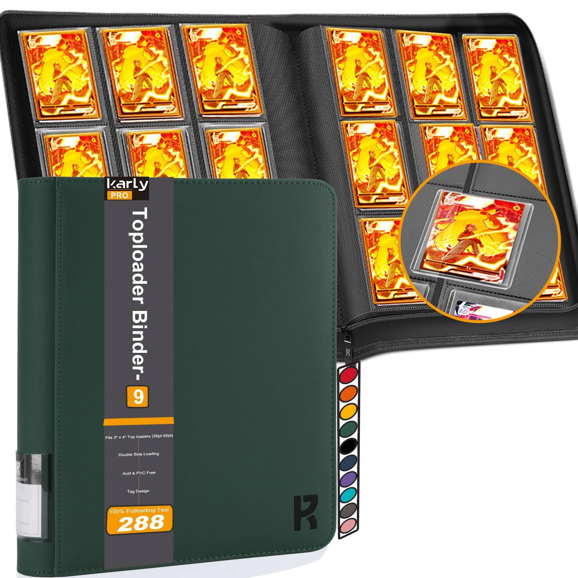 KarlyPro Top 3x4 Sleeves Binder Hold 288 Cards Storage 9-Pocket enhanced Zipper Album Collection Binder for TCG Sports Baseball or Other Trading Cards in 3 x 4 Top Hard Sleeves -Green
