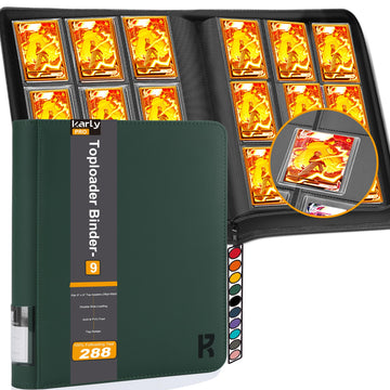 KarlyPro Top 3x4 Sleeves Binder Hold 288 Cards Storage 9-Pocket enhanced Zipper Album Collection Binder for TCG Sports Baseball or Other Trading Cards in 3 x 4 Top Hard Sleeves -Green