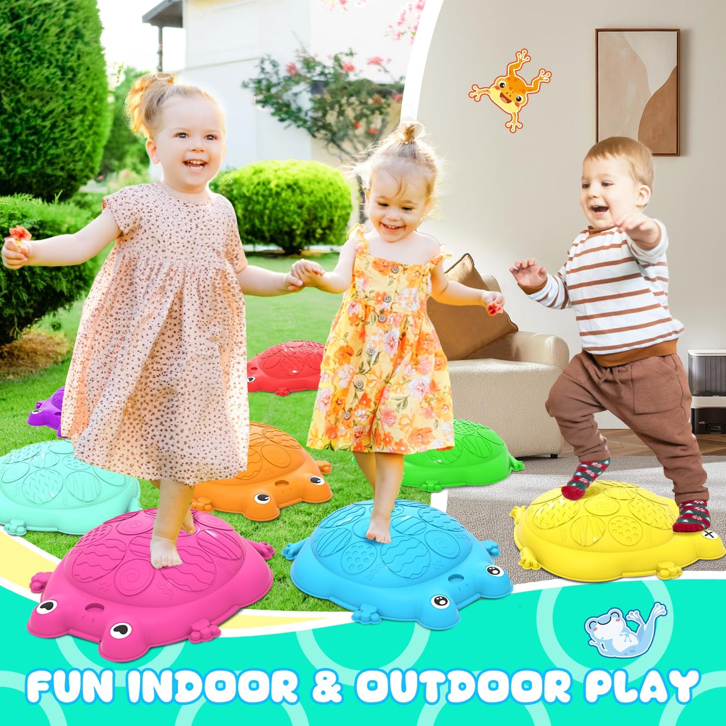 Kizjorya Stepping Stones For Kids, 8 Pcs Frog Non-Slip Balance Steps Stones Sensory Toys For Toddler Ages 3-5, Obstacle Course C