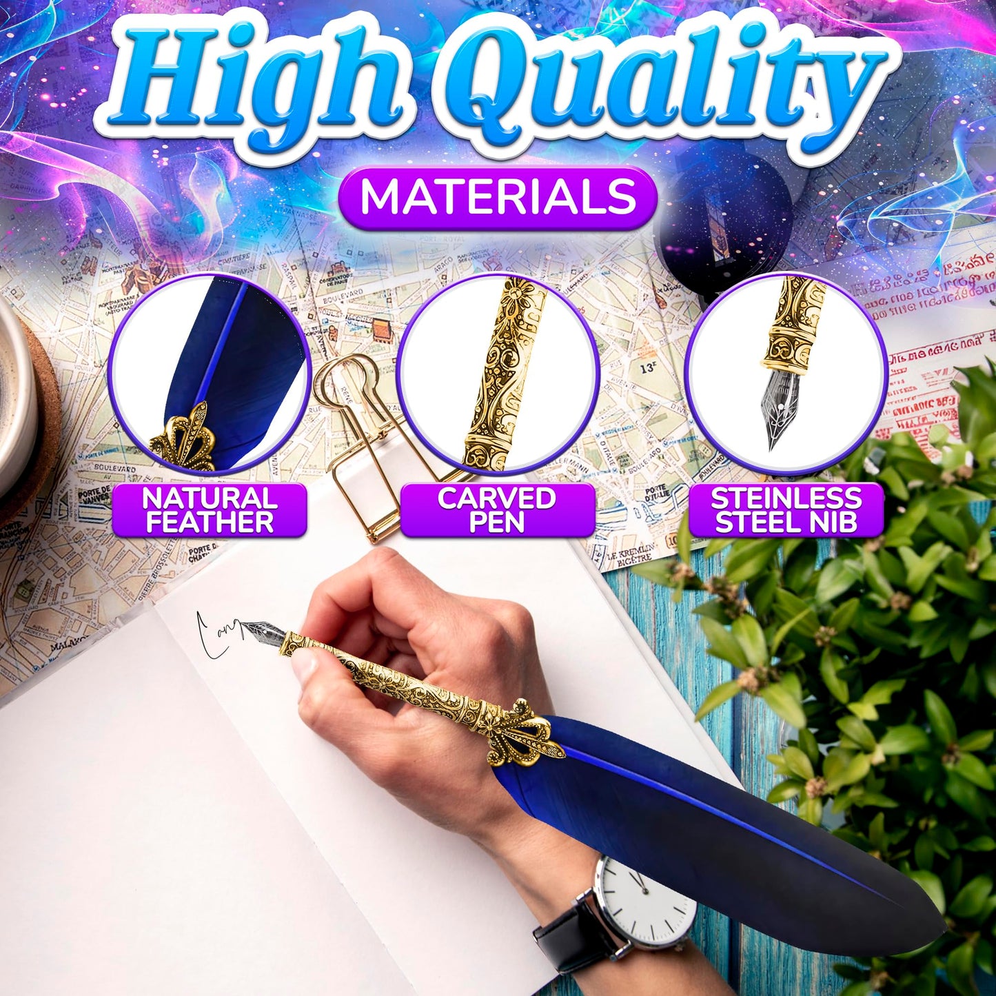 Lagarto Feather Quill Pen and Ink Set - 8 Piece Luxury Writing Supplies, Blue Feather, Vintage Pen Holder