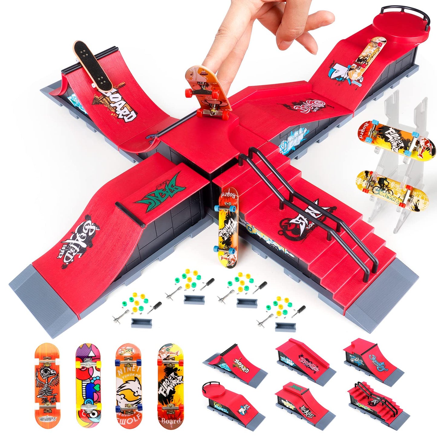 Finger Skateboards  MOMSIV Mini Finger Toy Skateboard Park Ramp Kit Fingerboard Half Pipe Ultimate Parks Training Props Accessories for Kids mature-themed 6 in 1