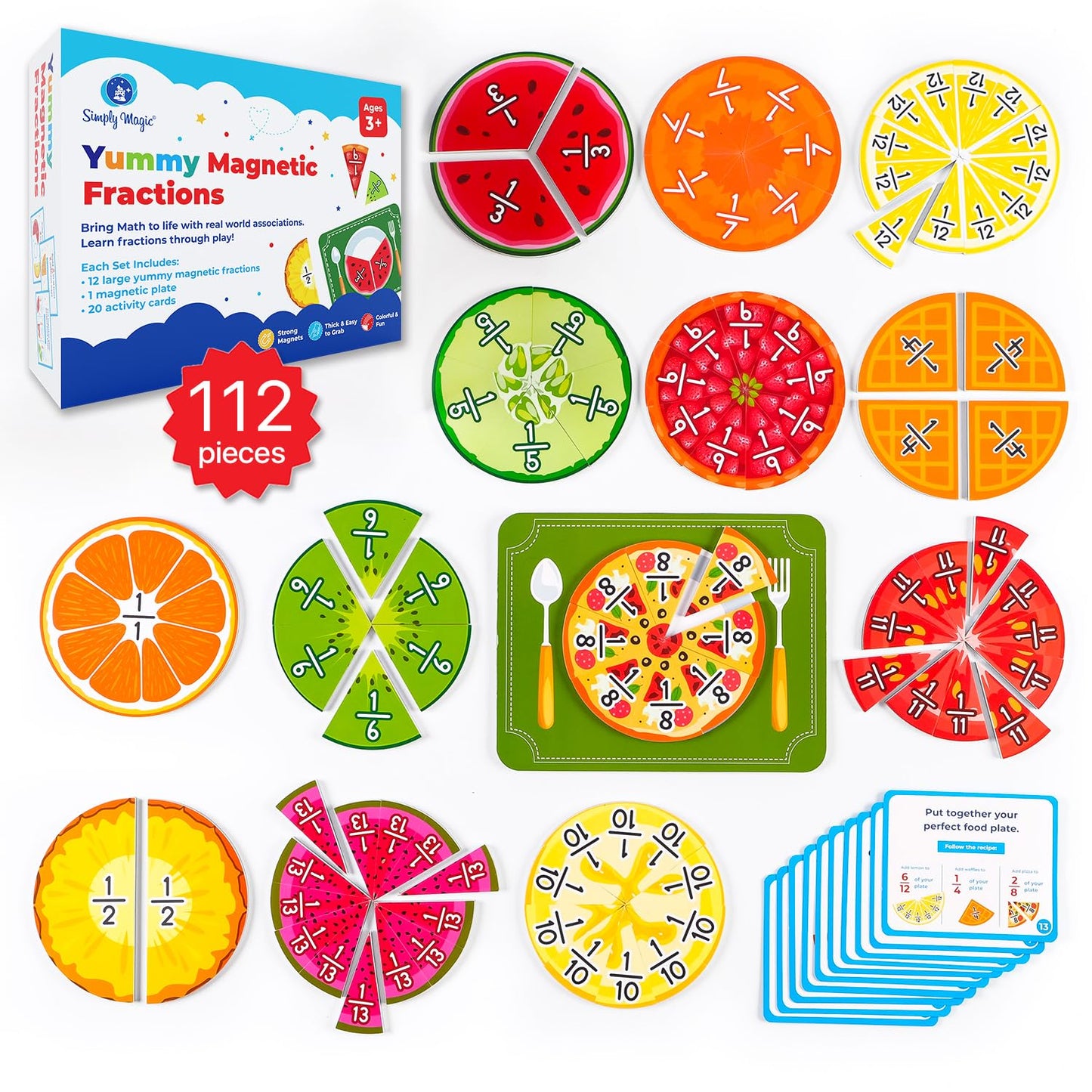 112 Pcs Yummy Magnetic Fractions - Magnetic Fraction Tiles & Circles, Bars, Classroom Math Manipulatives, Fraction Manipulatives For Elementary Teachers 2Nd, 3Rd, 4Th, 5Th Grade - Simply Magic