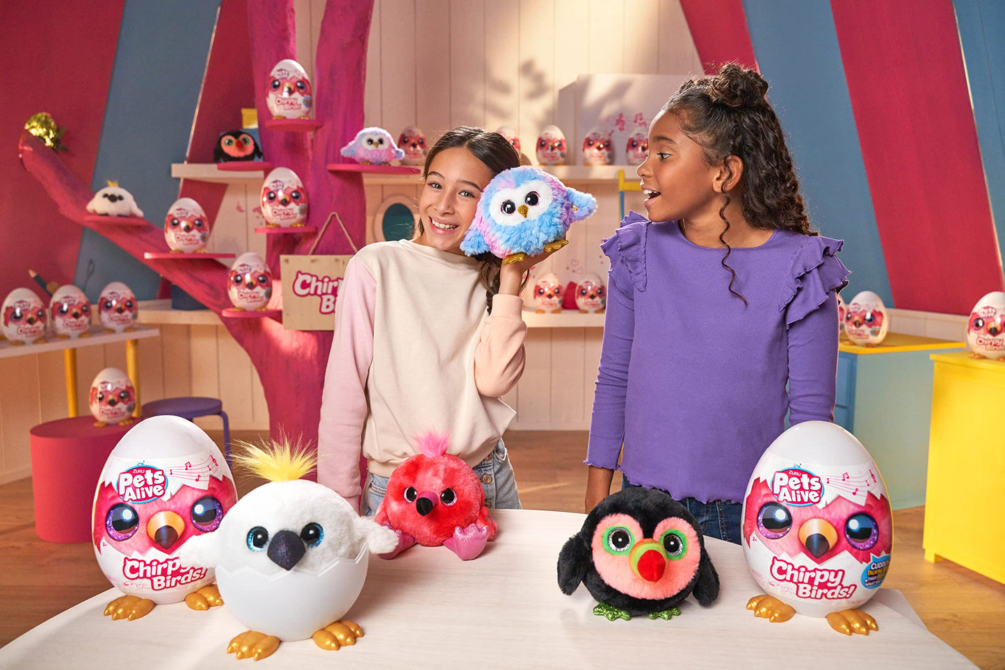 Pets Alive Chirpy Birds Electronic Pet - Flamingo Color, Model 9537A, Includes Stickers, Comb, Fluffy Clay, Plush Toy for Girls