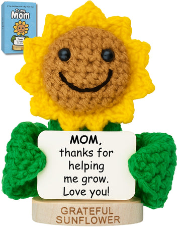 Gift for Mom for Birthday or Christmas - Handmade Positive Sunflower Crochet Holding a Cute Appreciation Card - Mom Birthday Gif