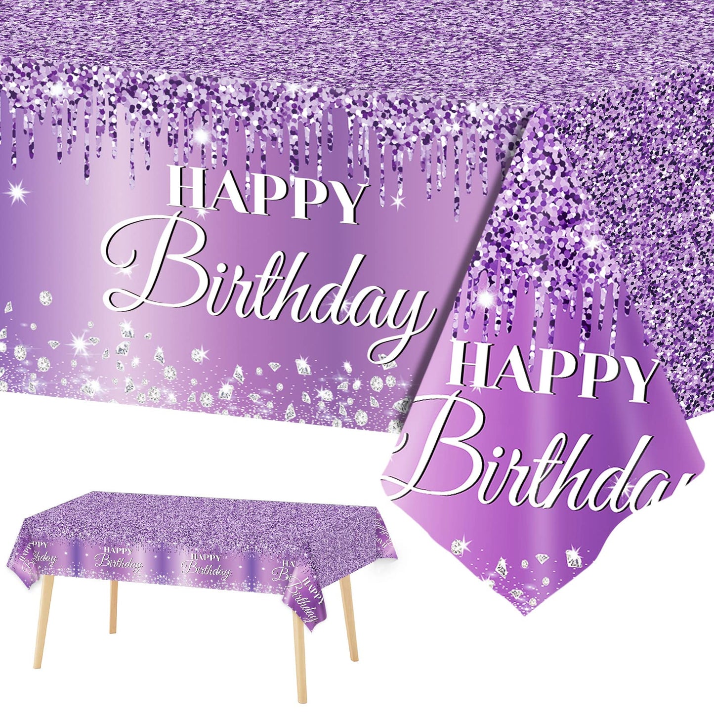 3 Pieces Purple Silver Birthday Tablecloths For Happy Birthday Party Decorations Plastic Disposable Purple Birthday Theme Table Covers For Girls Women Silver Glitter Birthday Party Supplies 54X108Inch