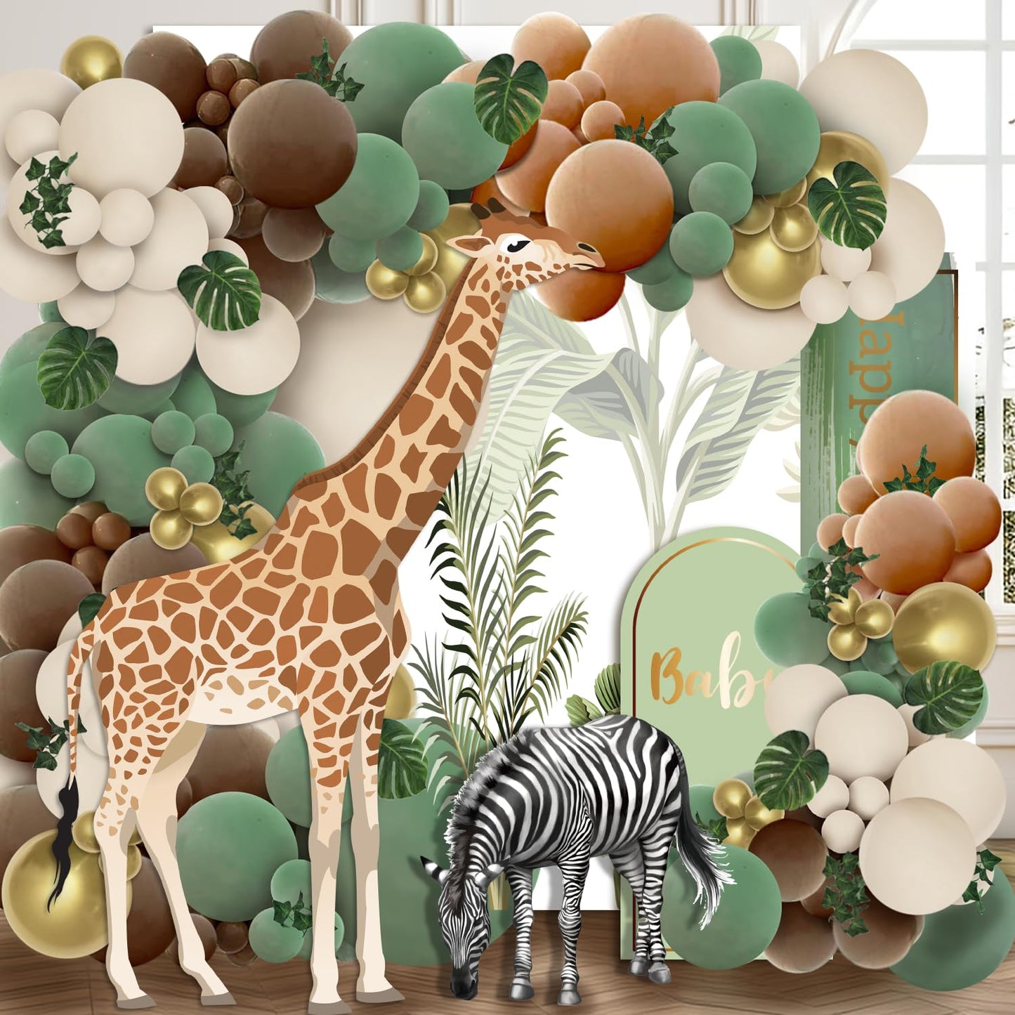 Perpaol 148Pcs Woodland Safari Jungle Wild One Balloon Garland Arch Kit Sage Green And Brown Sand White Balloons With Palm Leave