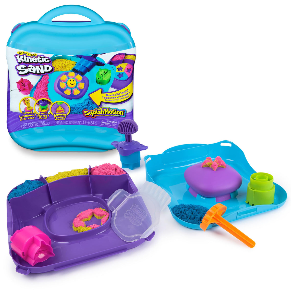 Kinetic Sand, SquishMotion Playset with 1lb Pink, Yellow, Blue Play Sand, Stamper & 5 Tools, Reusable Storage Case, Sensory Toys