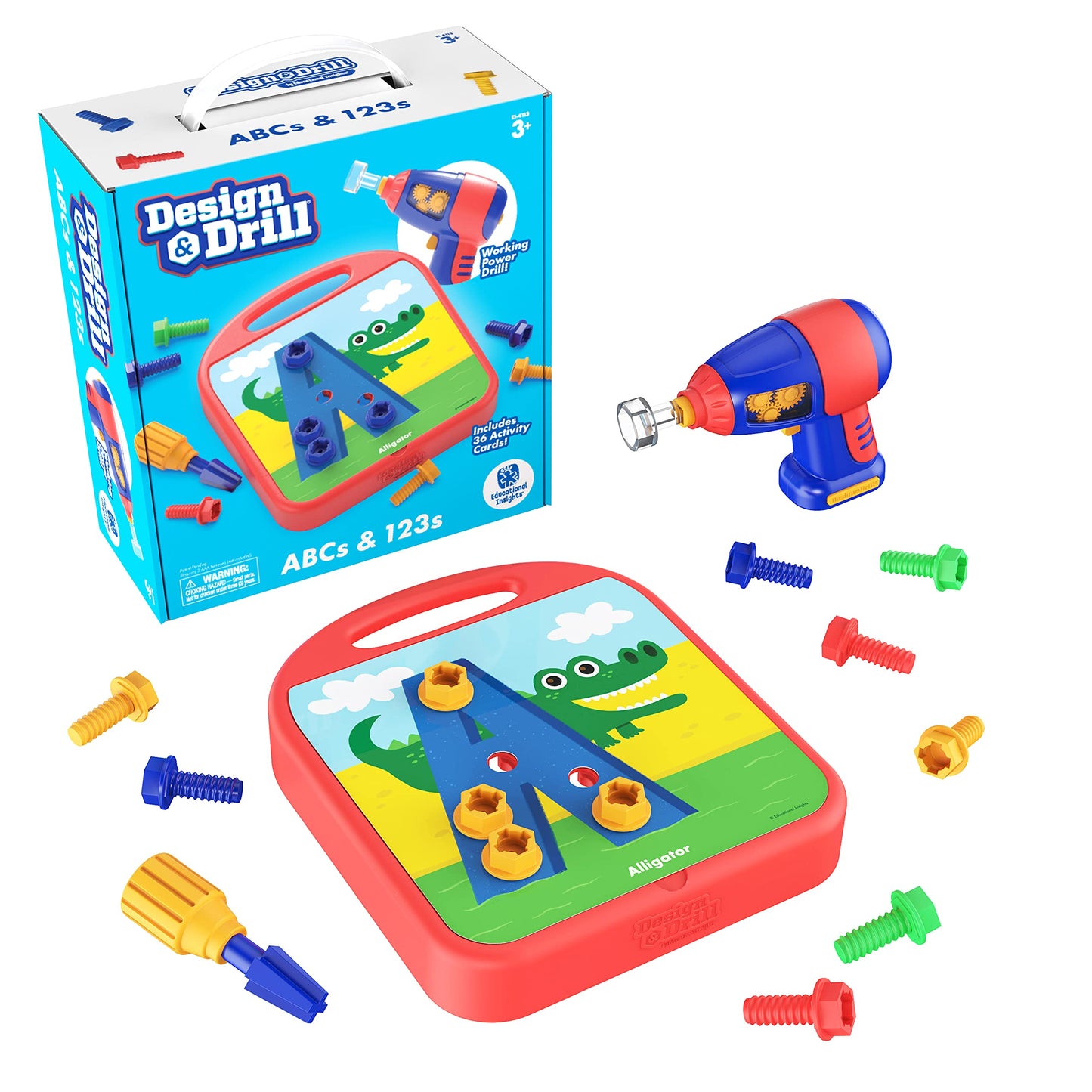Educational Insights Design & Drill ABCs & 123s Construction Toy Set, Real Electric Drill, Multi-color, Medium, Model 4113, Ages 3+