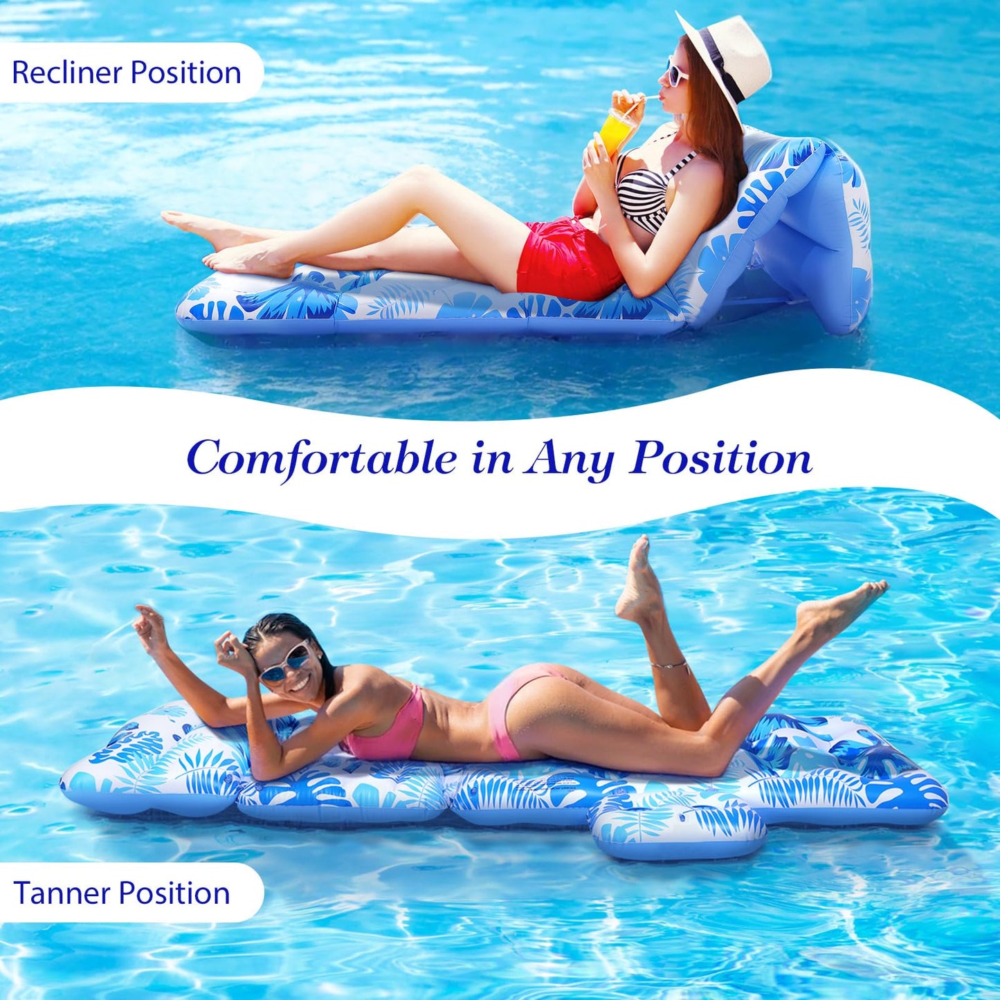 MoKo Inflatable Pool Floats mature-themed - Pool Floaties Lounger Floats Floating Chair Raft with Adjustable Backrest Cup Holders Water Floaty Lake Lounge Sun Tanning Float Beach Party  Blue Leaf