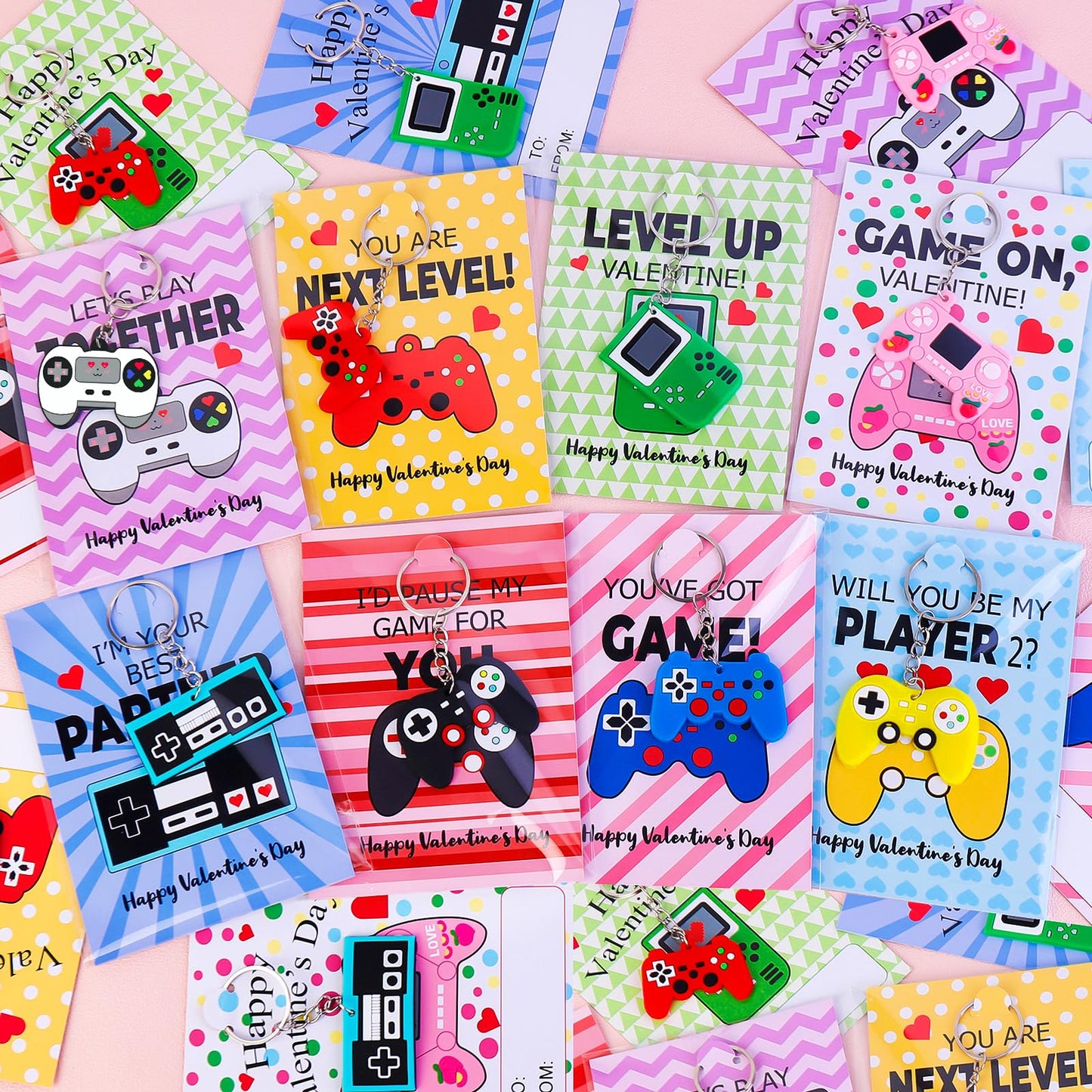 Japior 24 Pack Valentines Day Cards Gifts for Classroom - Fun Video Games Keychains with Class Exchange Gifts Included Valentine