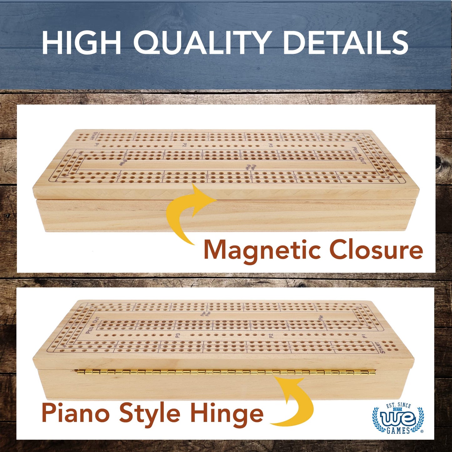 We Games 3 Player Wooden Cribbage Set - Easy Grip Pegs And 2 Decks Of Cards Inside Of Board - Natural Wood