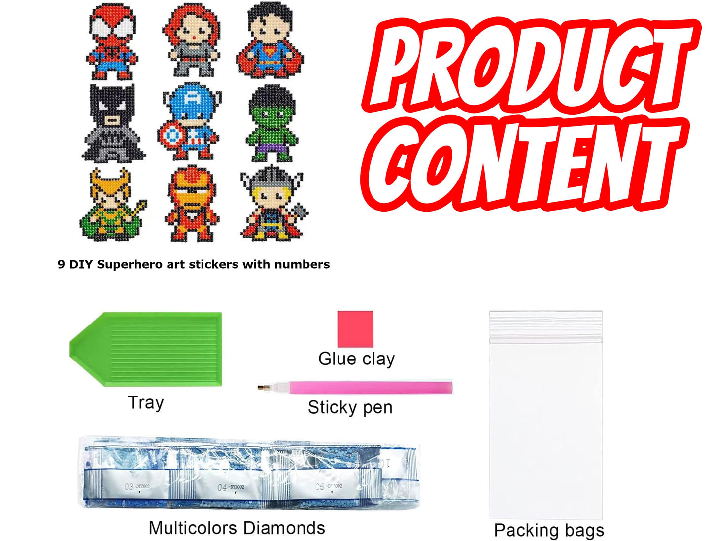 Kids Crafts Gem Art Hero Sticker Kit - Diamond Painting by Numbers with Rhinestones Fun & Easy - includes 9 Super Hero Stickers