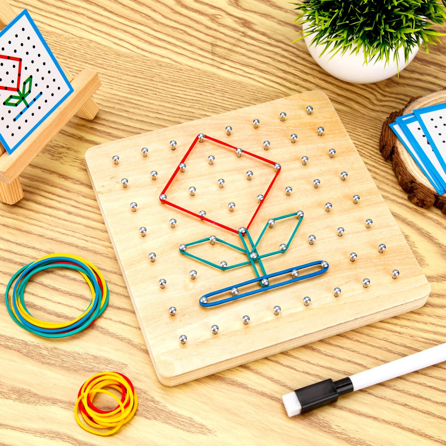 Heelwire Wooden Geoboard,Montessori Toy,Graphical Mathematical Education Toy For Kids With Pattern Cards And Rubber Bands To Fig