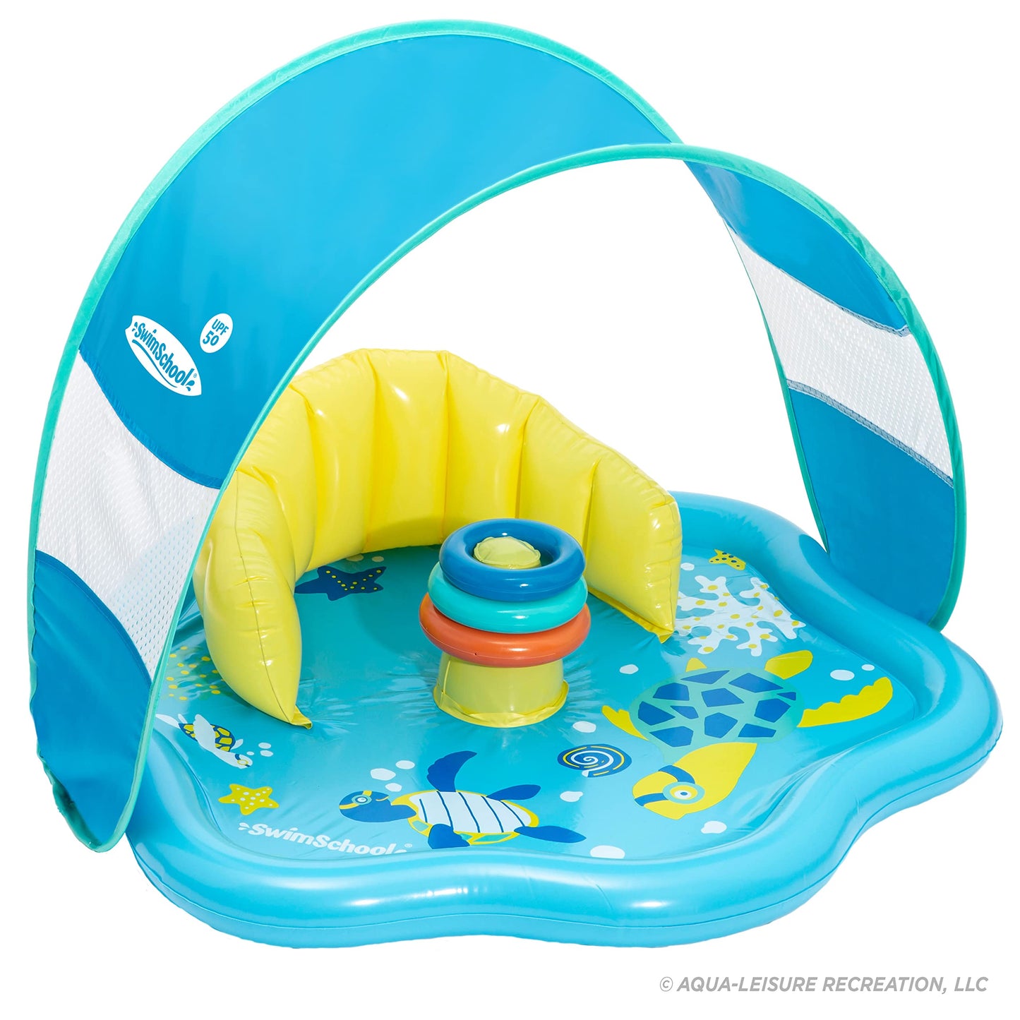 SwimSchool Baby Splash Play Mat – Inflatable Pool with Canopy, Backrest, Toy Rings, 28", Seafoam Blue & Lemon, Model AZI11261BL