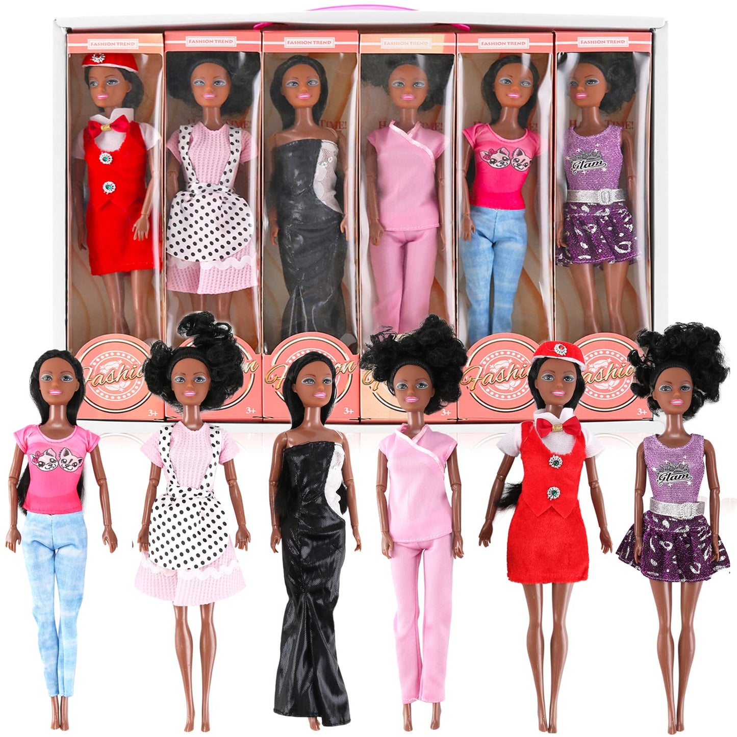 6 Set of African American Black Toy Dolls - 11.5 enhanced Fashion Style Diversity Role Play Dolls  Bundle Variety Pack for Kids  Girls Party Favors