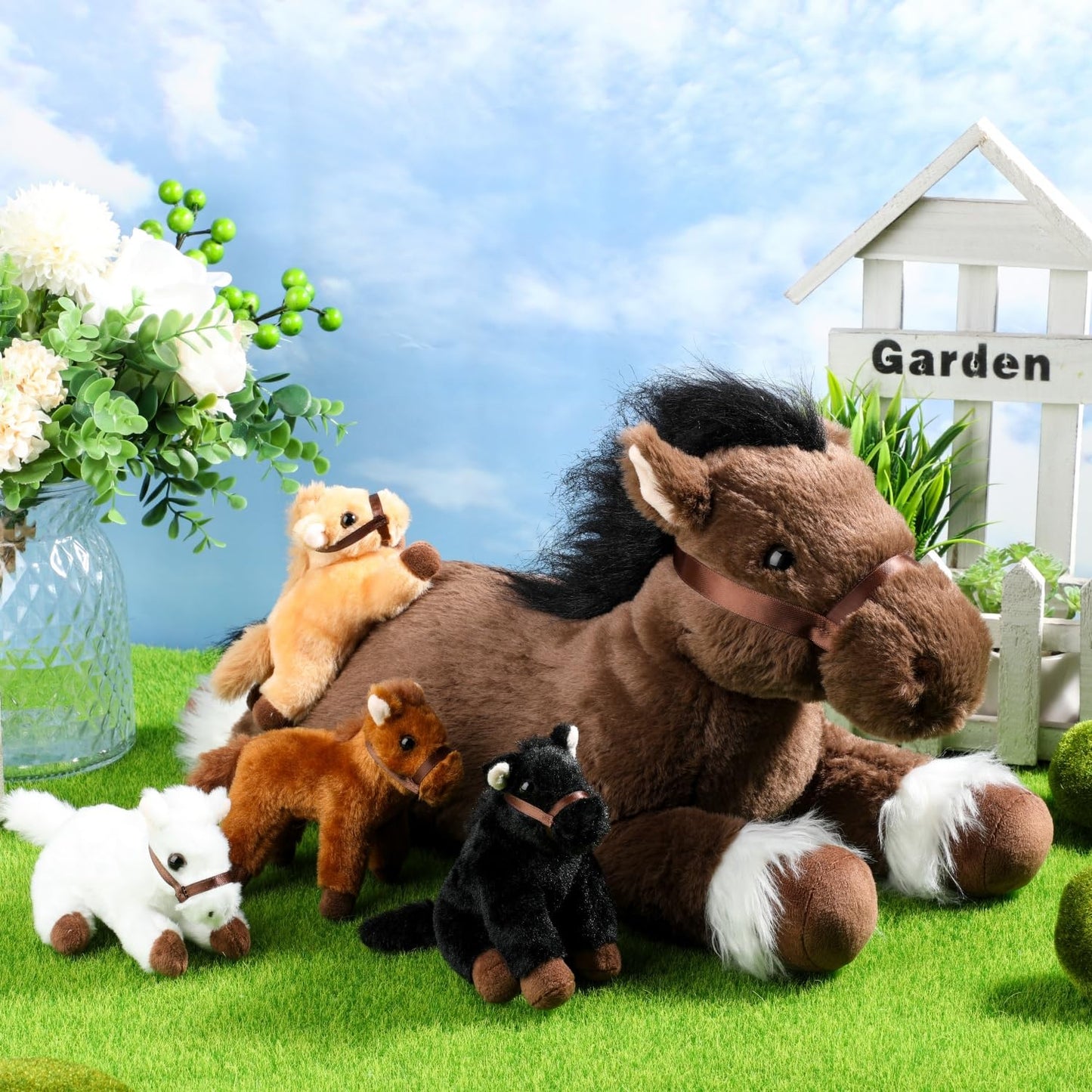 Lenwen 5 Pcs Horse Stuffed Animals 18 Inches Large Mommy Horse Plush with 4 Babies in Zippered Belly Nurturing Plushie Toy Set G