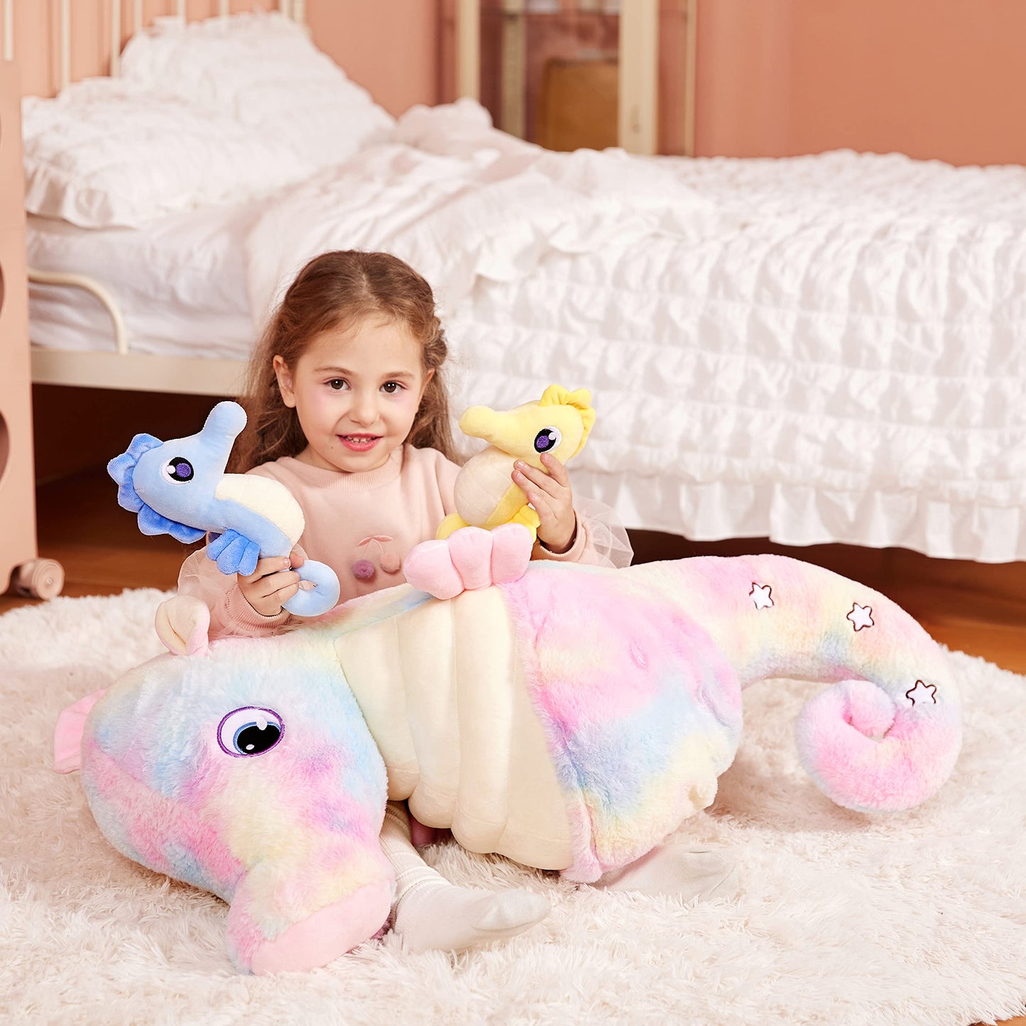 IKASA Giant Seahorse Plush Toy 30" Soft Polyester Stuffed Animal with 2 Babies, Cute Jumbo Sea Horse, Model 6636603