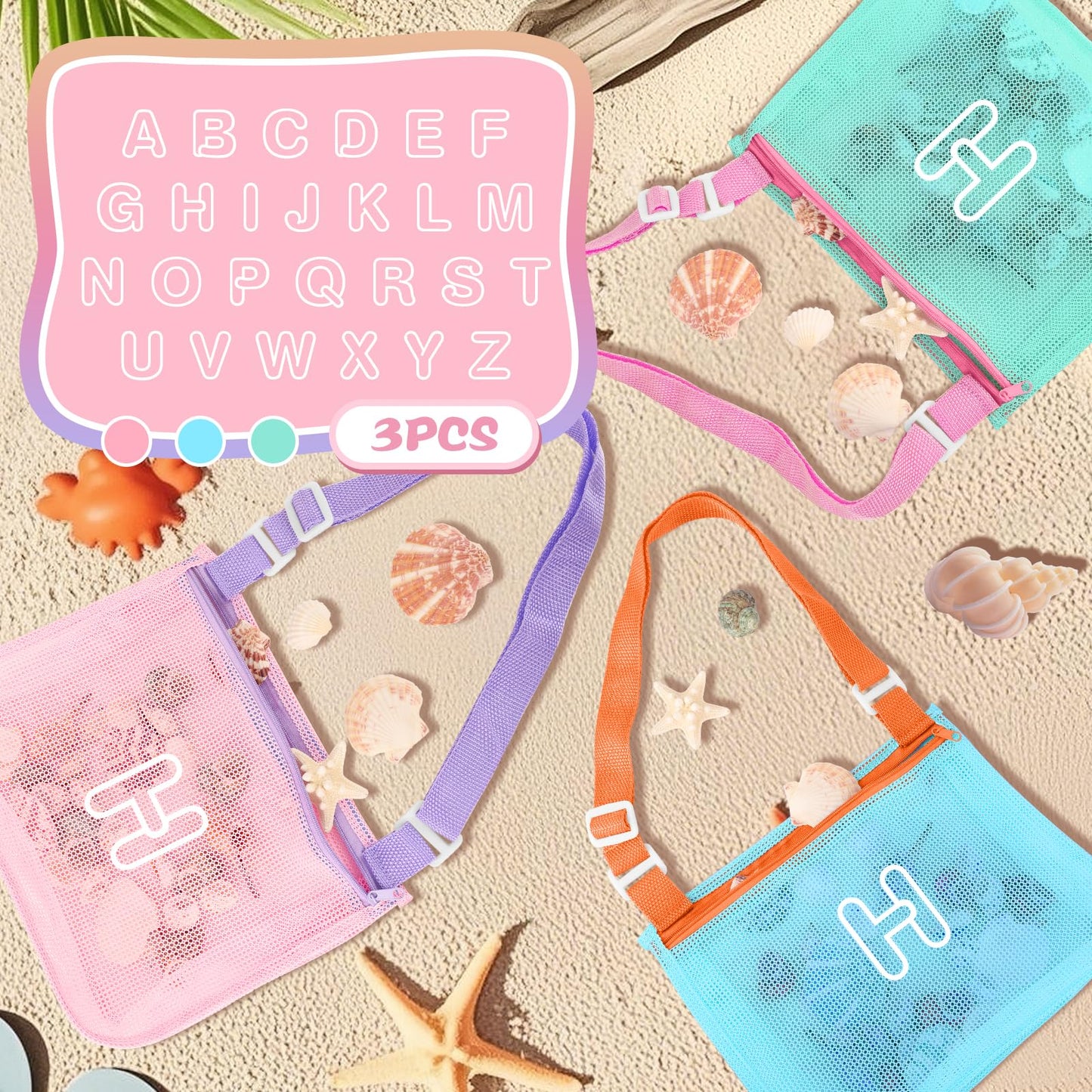 3Pcs Personalized Kids Beach Shell Bag, Initial Seashell Mesh Zipper Beach Pouch, Shell Collecting Bag for Holding Shells with A